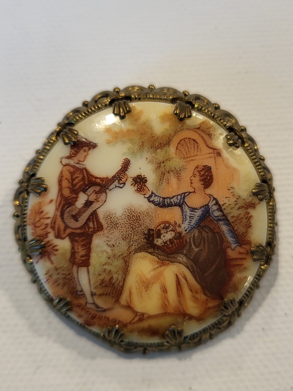 Vintage W.Germany  Scenic Round Porcelain Brooch in Cream and Brown